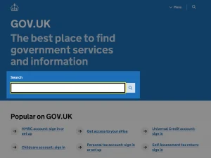 Скриншот главной страницы сайта GOV.UK. Под заголовком находится строка поиска с надписью "Search", которая выделена высококонтрастной рамкой фокуса черного цвета с желтой окантовкой.