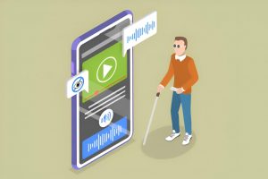 Иллюстрация смартфона, отображающего элементы управления мультимедиа и звуковые волны, рядом с человеком, опирающимся на трость, символизирующую доступность.